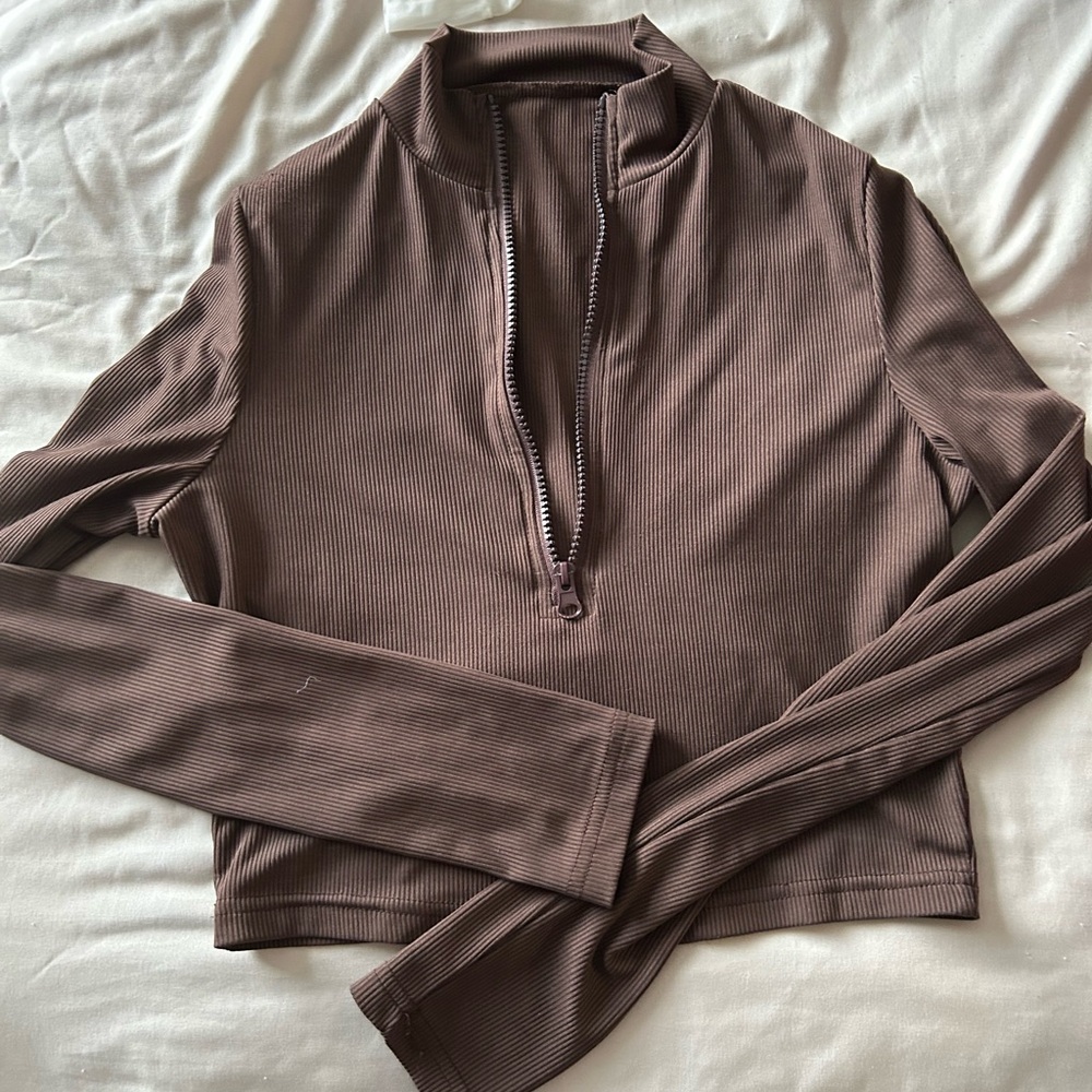 Brown Ribbed Zip-Up Top